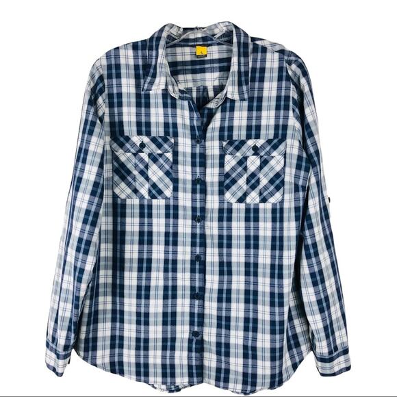 Eddie Bauer blue white plaid button front rip stop hiking camping shirt large - Picture 1 of 8
